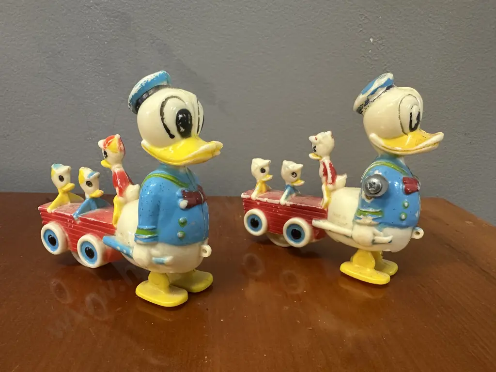 Vintage Walt Disney Donald Duck Ramp Walker Pulling Huey, Louie & Dewey x2 Image 1++