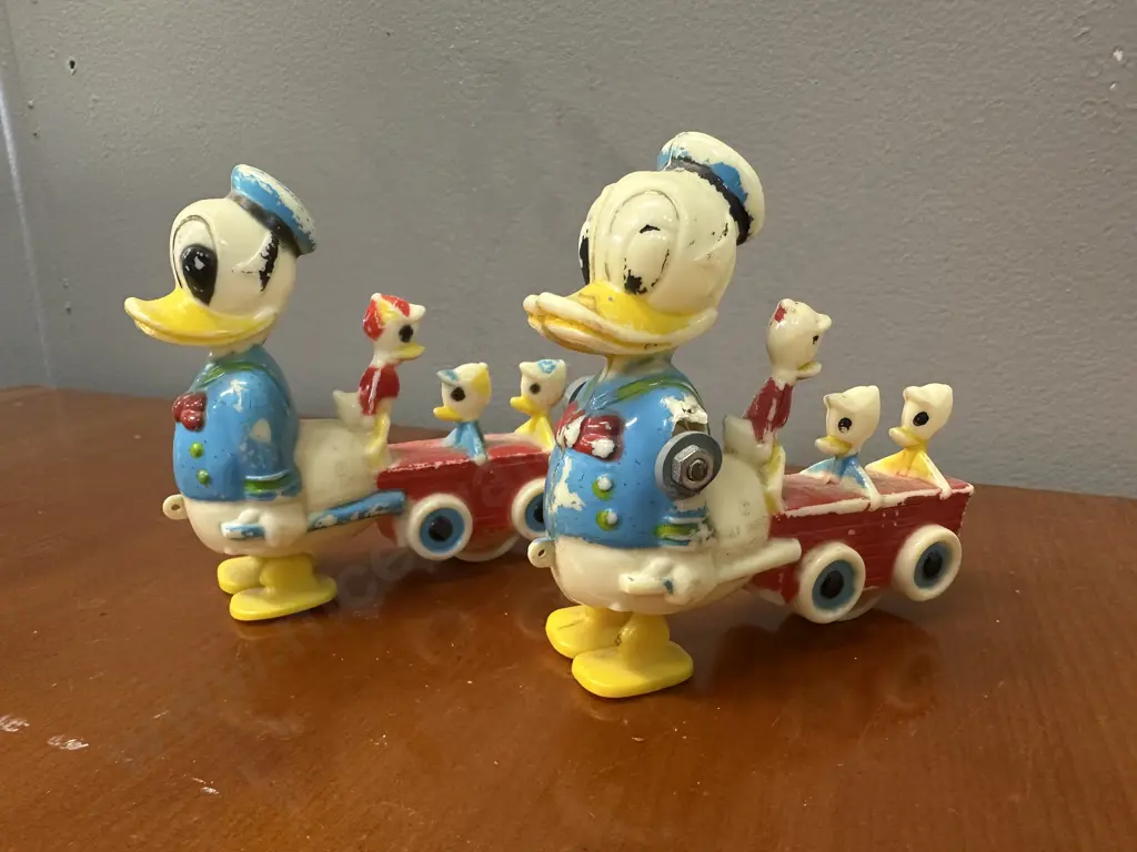 Vintage Walt Disney Donald Duck Ramp Walker Pulling Huey, Louie & Dewey x2 Image 1++