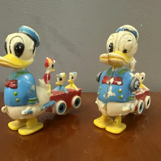 Vintage Walt Disney Donald Duck Ramp Walker Pulling Huey, Louie & Dewey x2
