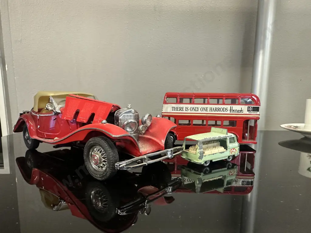 Vintage Model 1935 Mercedes 500K Special Roadster, Harrods Bus & Lesney Comber Bottle Float Image 1++
