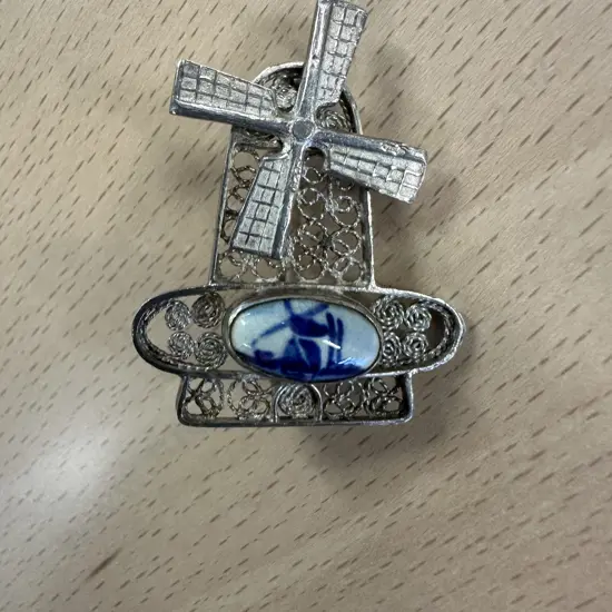 Vintage Holland Windmill Pin Spinning Brooch With Porcelain Blue Delft