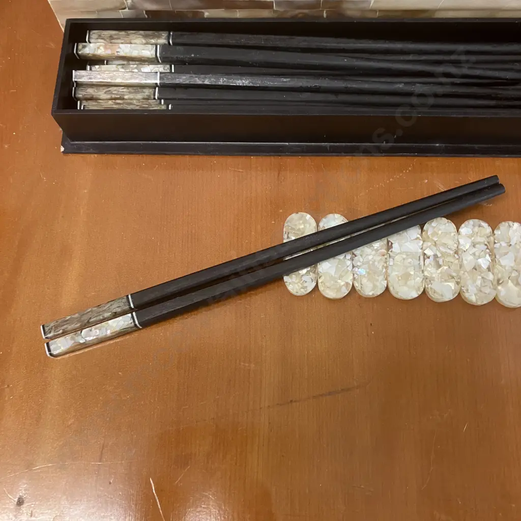 Set of 10 Pairs of Wooden Chopsticks with Mother of Pearl Inlay With Chopstick Rests & Mother of Pearl Inlaid Box Image 1++