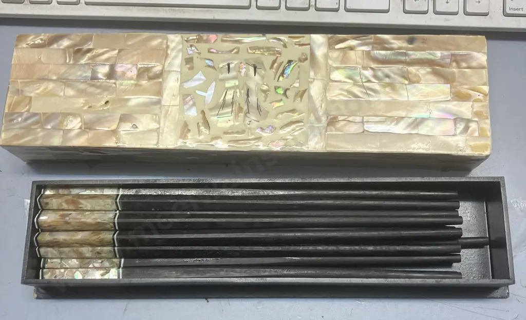 Set of 10 Pairs of Wooden Chopsticks with Mother of Pearl Inlay With Chopstick Rests & Mother of Pearl Inlaid Box Image 1++