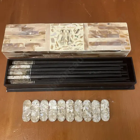 Set of 10 Pairs of Wooden Chopsticks with Mother of Pearl Inlay With Chopstick Rests & Mother of Pearl Inlaid Box