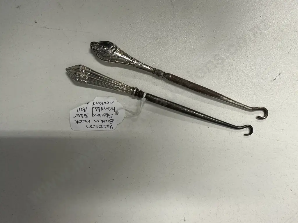 Pair of Victorian Button Hooks, Sterling Silver Handles Hallmarked Image 1++