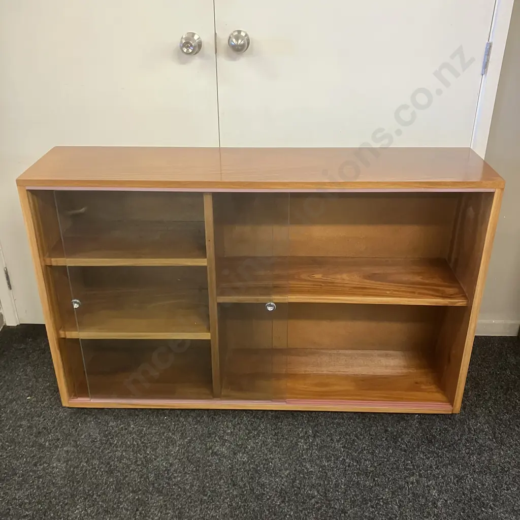 Mid Century Glazed Bookcase, Double Sliding Doors. H79 W122 D29cm Image 1++