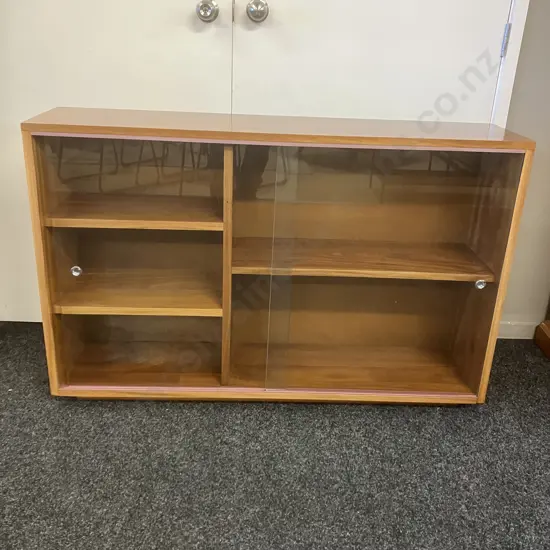 Mid Century Glazed Bookcase, Double Sliding Doors. H79 W122 D29cm