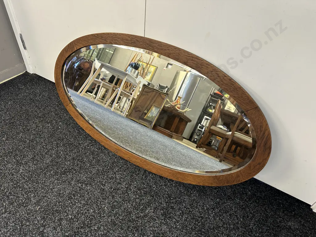 Antique Oak Oval Wall Mirror, Bevelled Edge. 53 x 98cm Image 1++