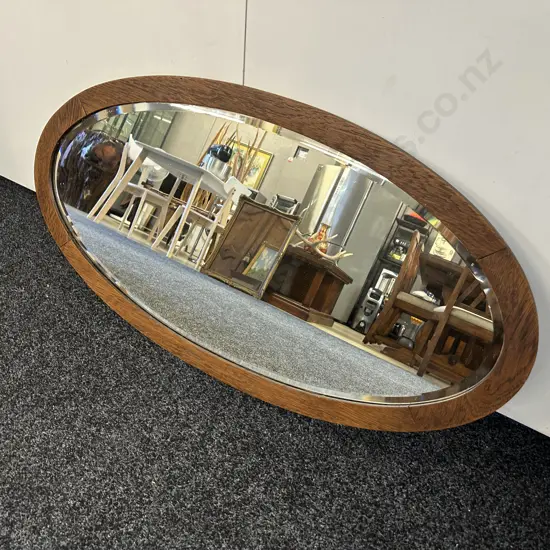 Antique Oak Oval Wall Mirror, Bevelled Edge. 53 x 98cm
