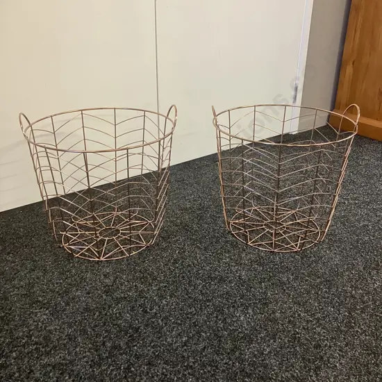 Pair of Rose Gold Colour Wire Baskets. 35 x 40cm