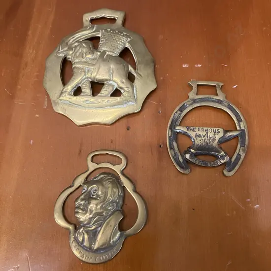 Vintage Horse Brasses - Gretna Green The Famous Anvil, Elephant & Castle, Captain Cuttle (Dombey And Son Character)
