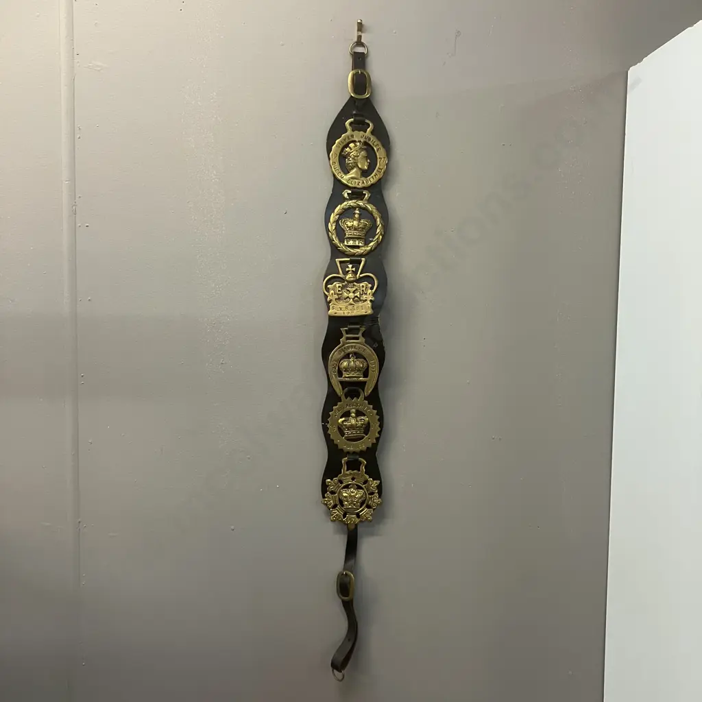 HM Queen Elizabeth II's Silver Jubilee 1952 - 1977 Vintage Six Horse Brasses Mounted On a Brown Leather Strap. L85cm Image 1++