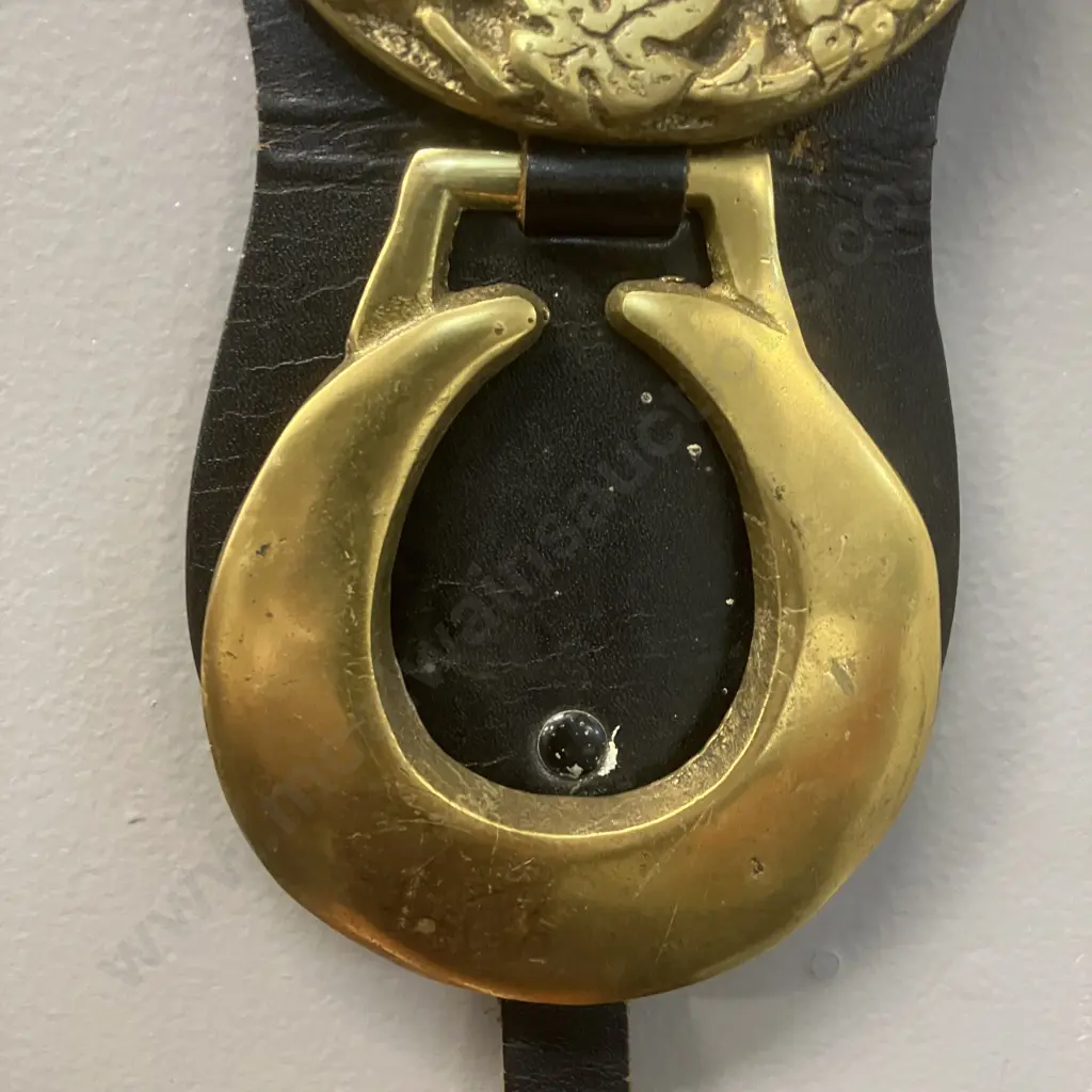 Vintage Six Horse Brasses Mounted On a Brown Leather Strap. L85cm Image 1++