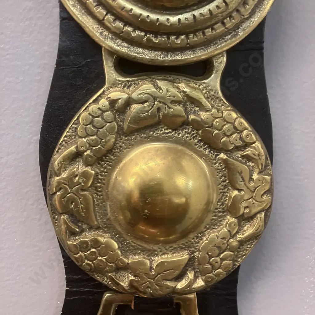 Vintage Six Horse Brasses Mounted On a Brown Leather Strap. L85cm Image 1++