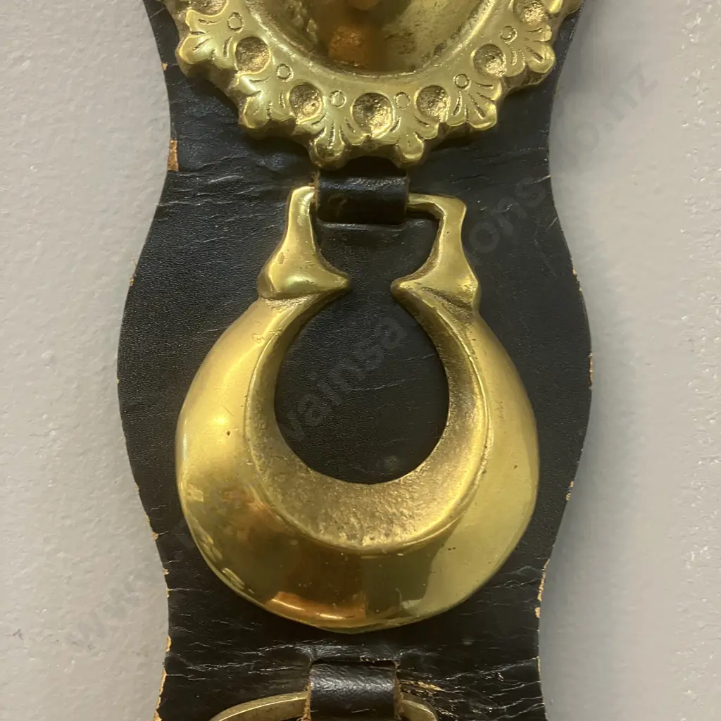 Vintage Six Horse Brasses Mounted On a Brown Leather Strap. L85cm Image 1++