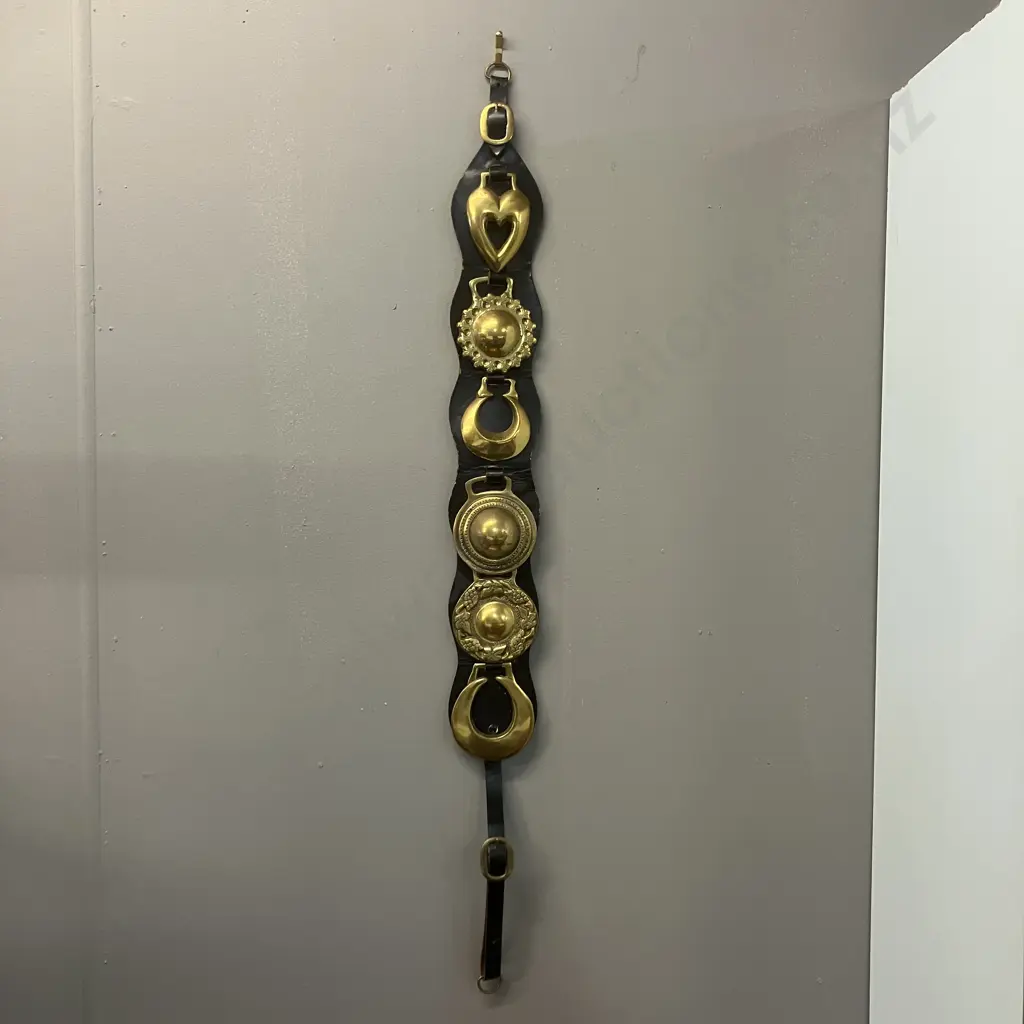 Vintage Six Horse Brasses Mounted On a Brown Leather Strap. L85cm Image 1++