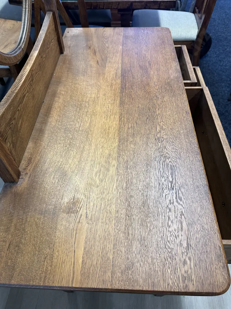Antique Oak 4 Drawer Dressing Table With Oval Mirror, Original Handles. H175 W106 D49cm Image 1++