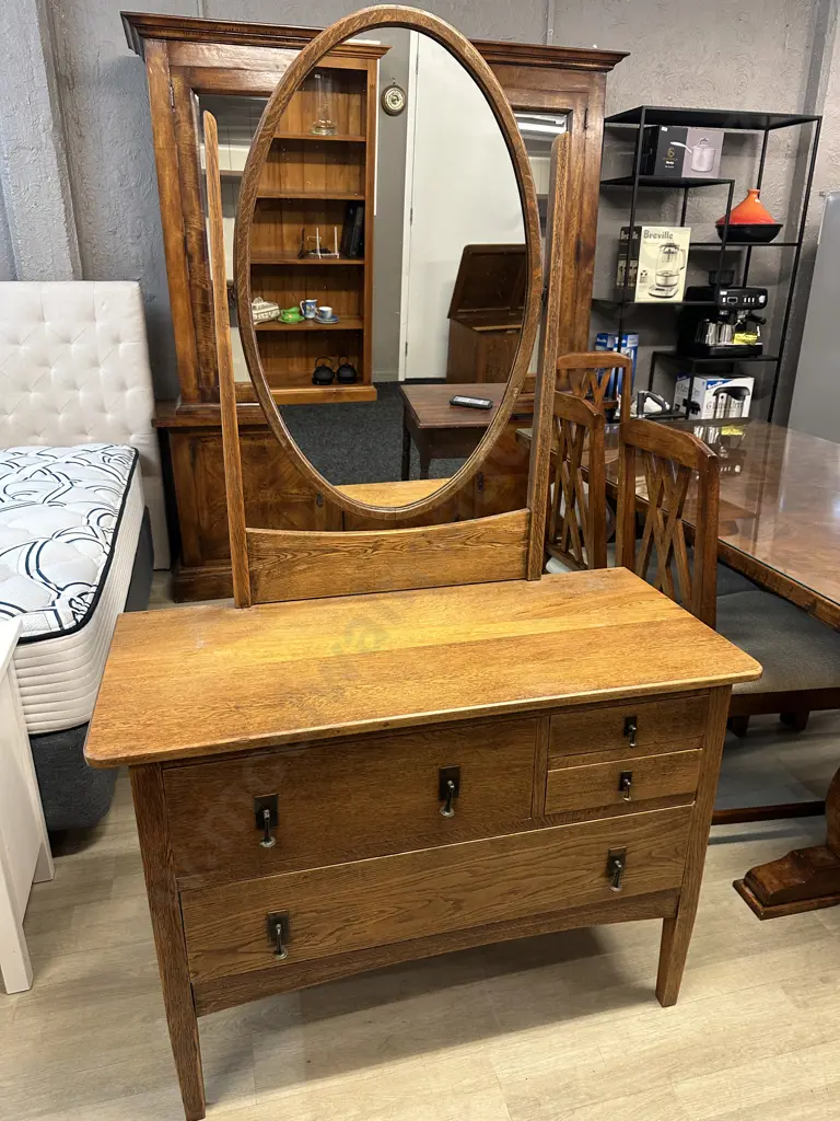 Antique Oak 4 Drawer Dressing Table With Oval Mirror, Original Handles. H175 W106 D49cm Image 1++