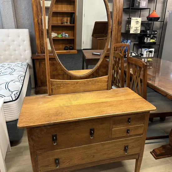Antique Oak 4 Drawer Dressing Table With Oval Mirror, Original Handles. H175 W106 D49cm