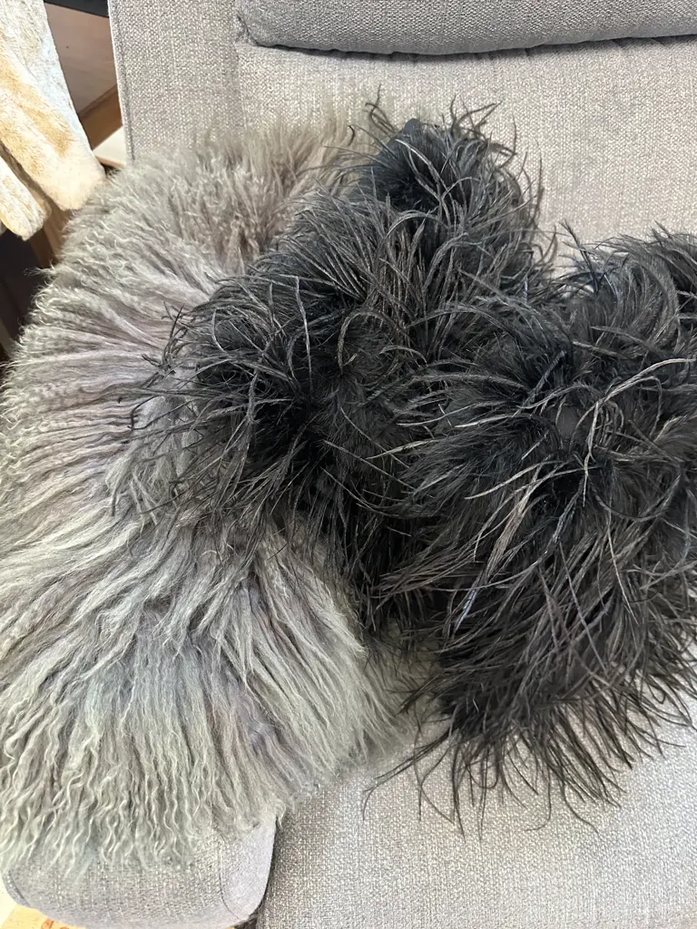 Pair of Black Shaggy Cushions With Grey Cushion Cover Image 1++