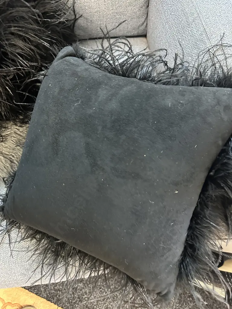 Pair of Black Shaggy Cushions With Grey Cushion Cover Image 1++