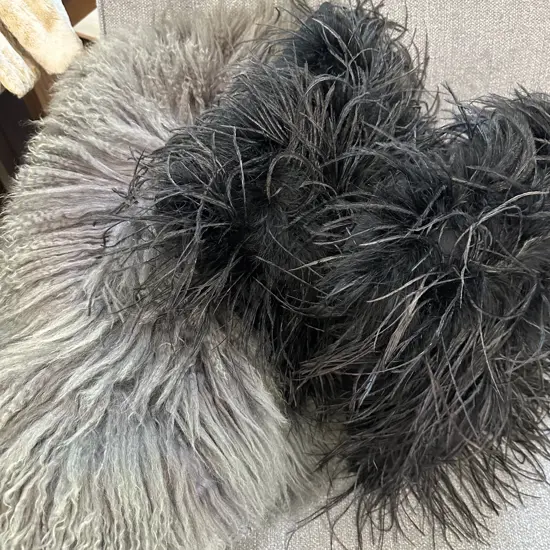 Pair of Black Shaggy Cushions With Grey Cushion Cover