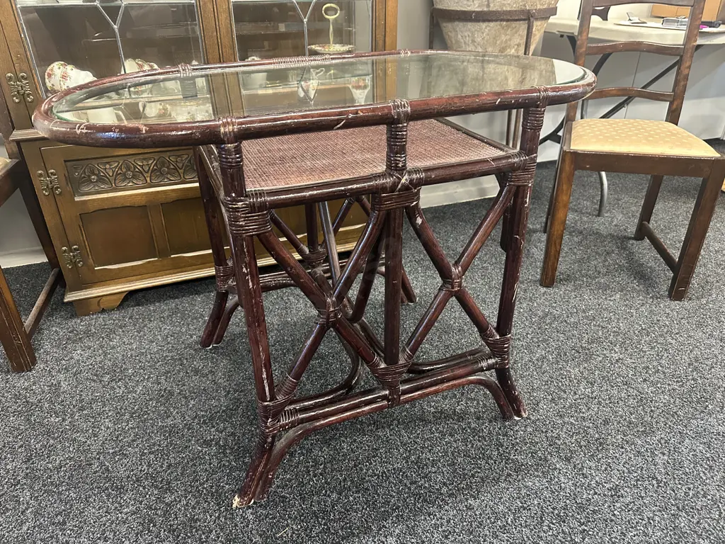 Vintage Cane Oval Table Glass Inset Top With Lower Shelf H72,L100,D53cm. Image 1++