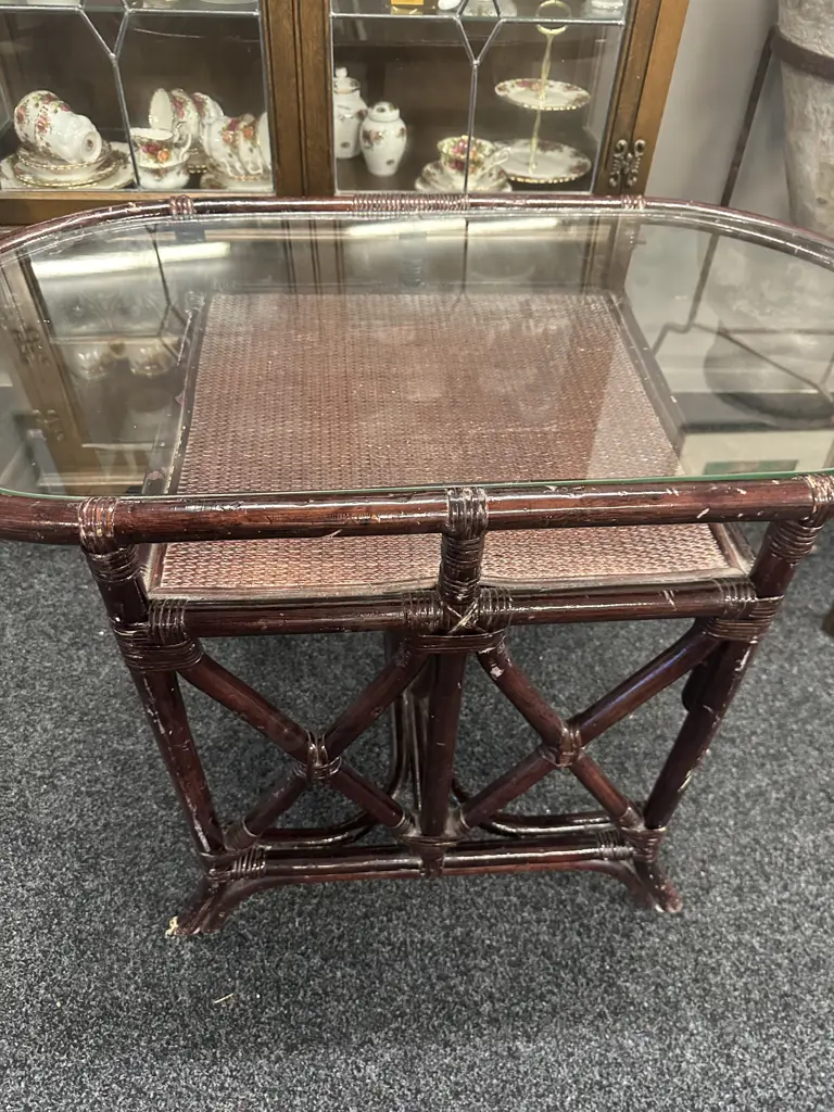 Vintage Cane Oval Table Glass Inset Top With Lower Shelf H72,L100,D53cm. Image 1++