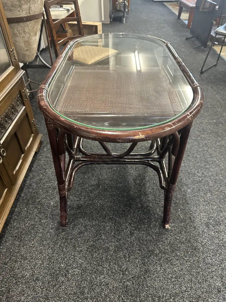 Vintage Cane Oval Table Glass Inset Top With Lower Shelf H72,L100,D53cm. Image 1++