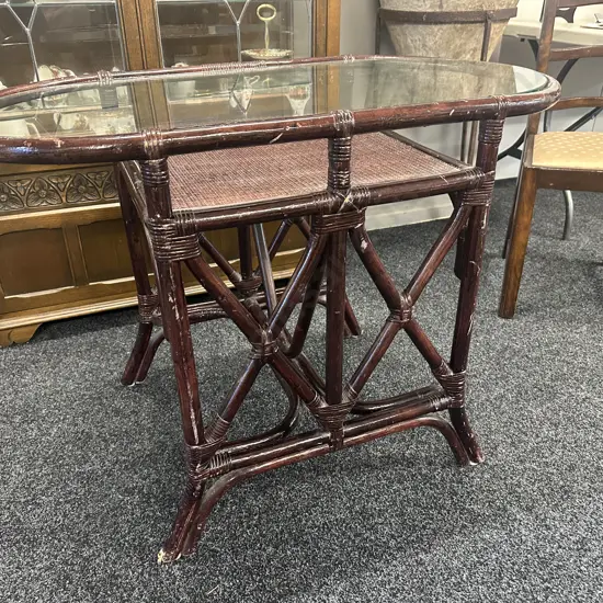 Vintage Cane Oval Table Glass Inset Top With Lower Shelf H72,L100,D53cm.