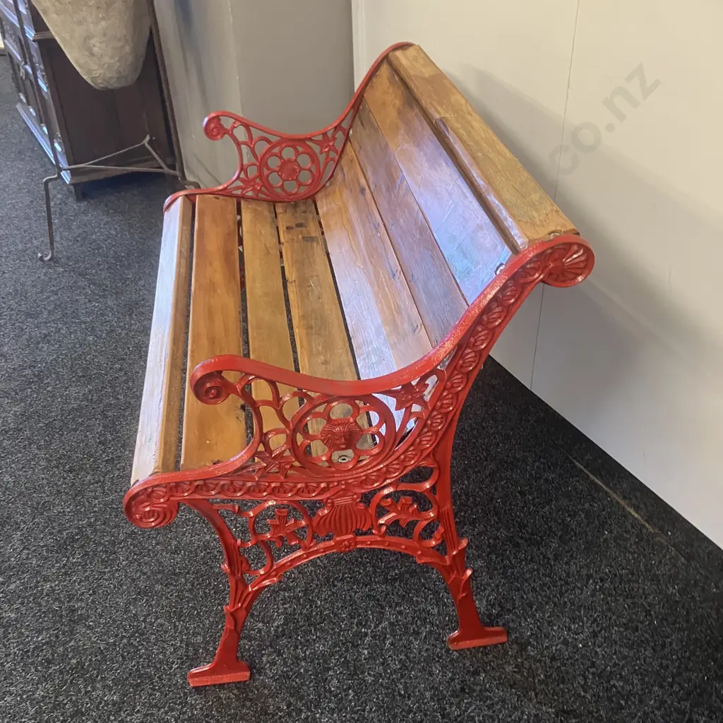 Garden Bench With Red Painted Cast Ends. L95cm Image 1++