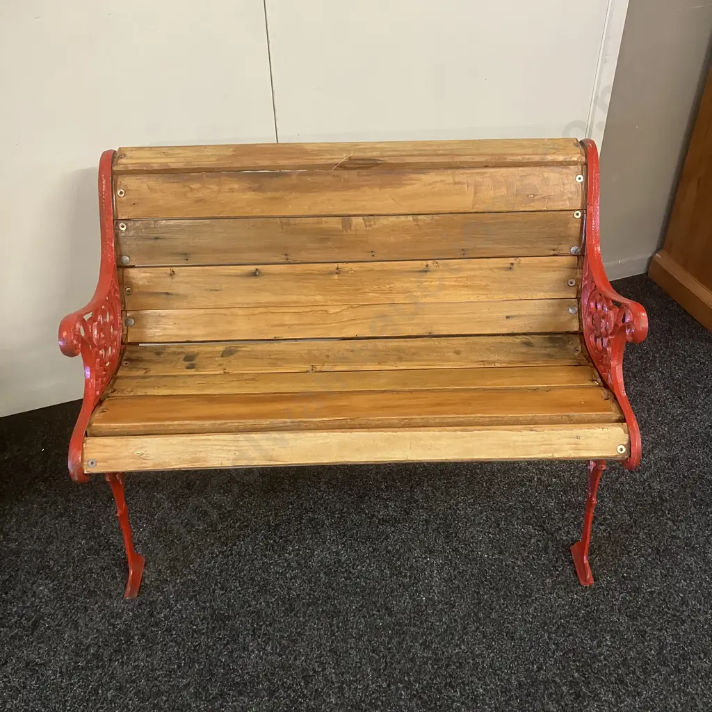Garden Bench With Red Painted Cast Ends. L95cm Image 1++