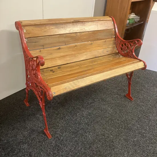 Garden Bench With Red Painted Cast Ends. L95cm