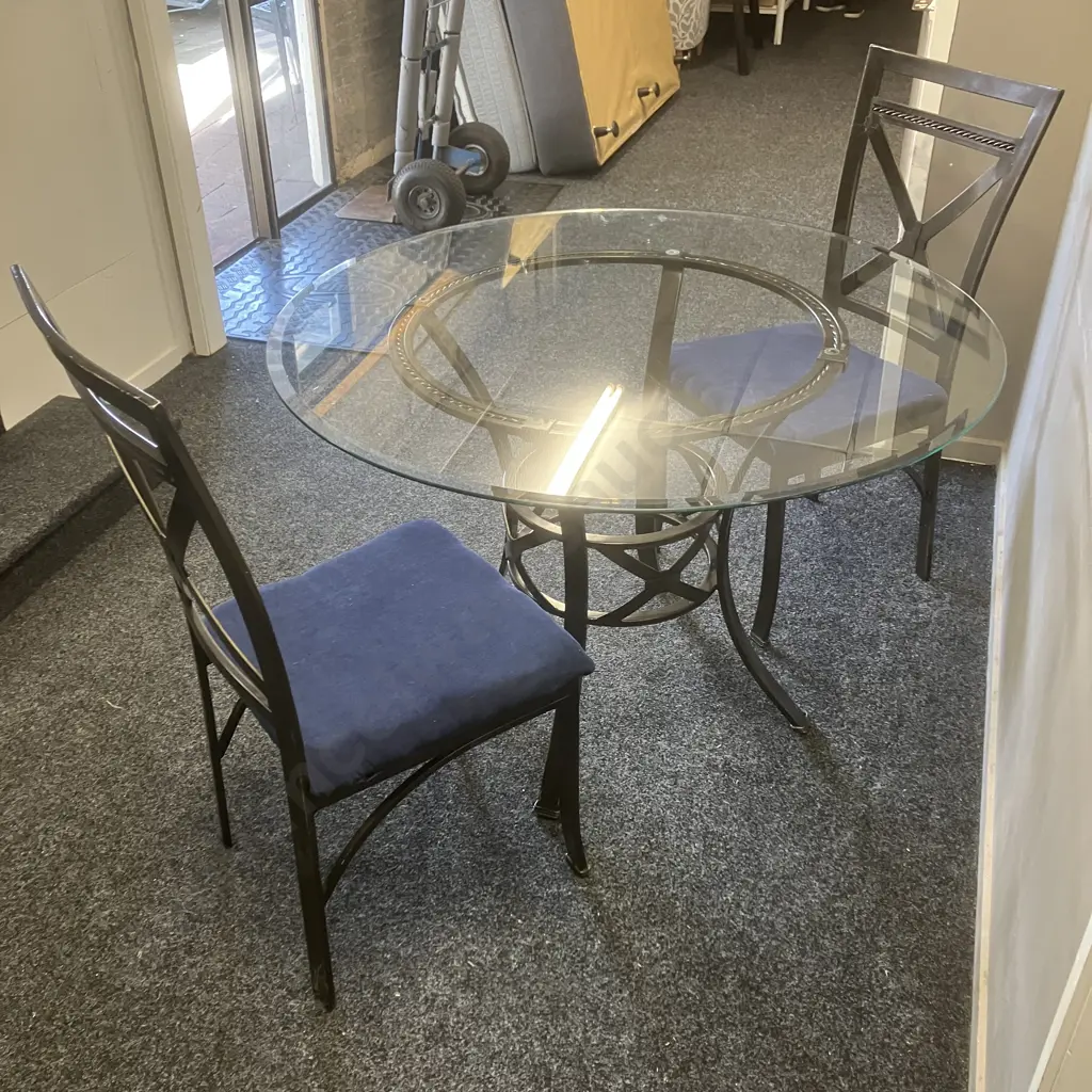 Round Glass Topped Dining Table (114cm Dia) With Pair of Blue Upholstered Chairs Image 1++