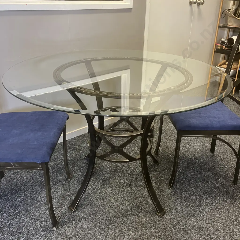 Round Glass Topped Dining Table (114cm Dia) With Pair of Blue Upholstered Chairs Image 1++