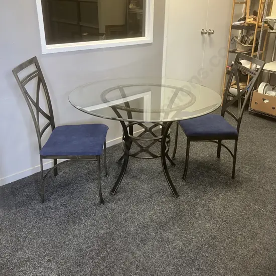 Round Glass Topped Dining Table (114cm Dia) With Pair of Blue Upholstered Chairs