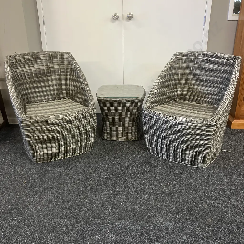 Excalibur Outdoor Living 3 Piece Patio Setting, Charcoal Woven Wicker, Glass Topped Table Image 1++