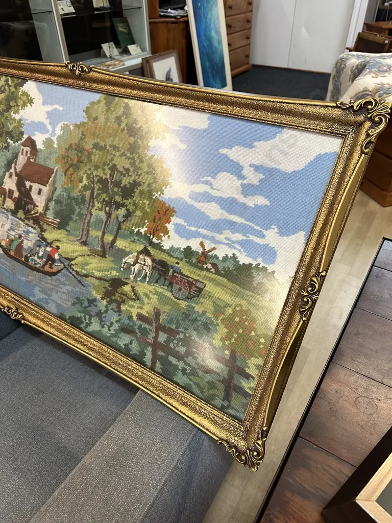 Large Vintage Gilt Framed Cross Stitch  Image 1++