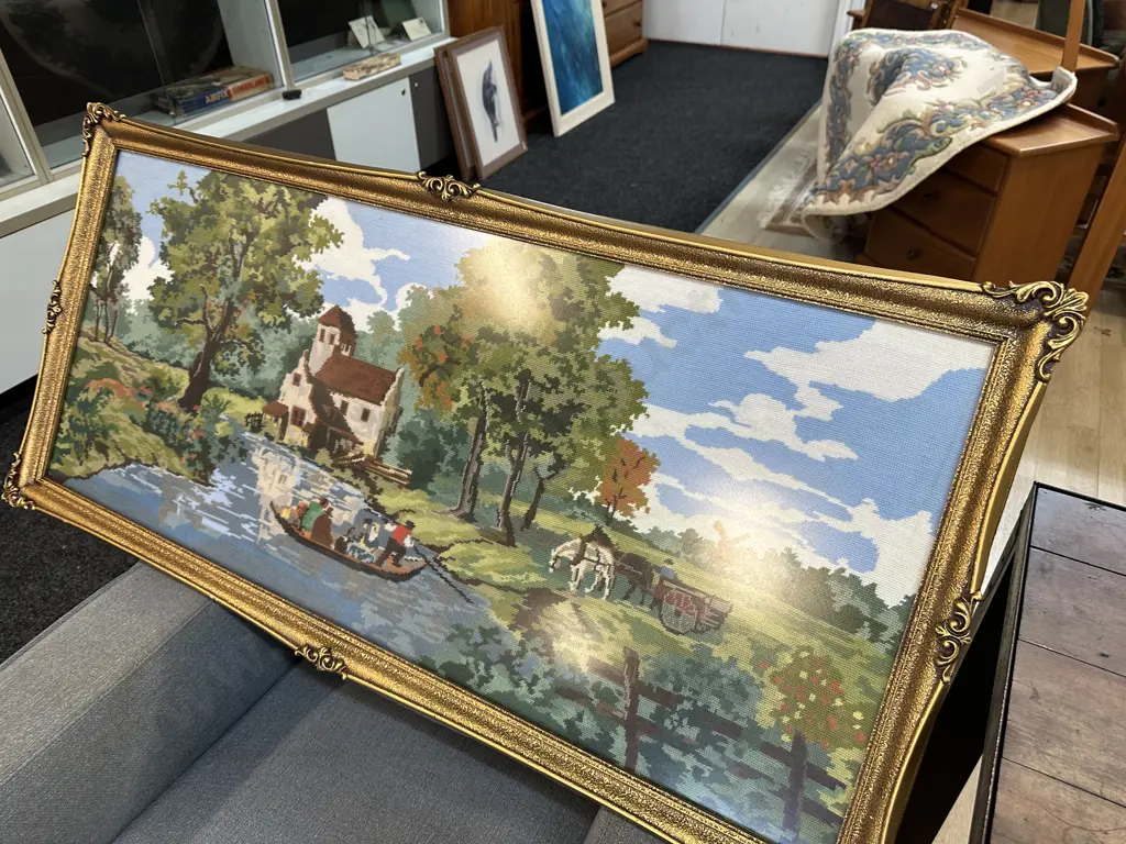 Large Vintage Gilt Framed Cross Stitch  Image 1++