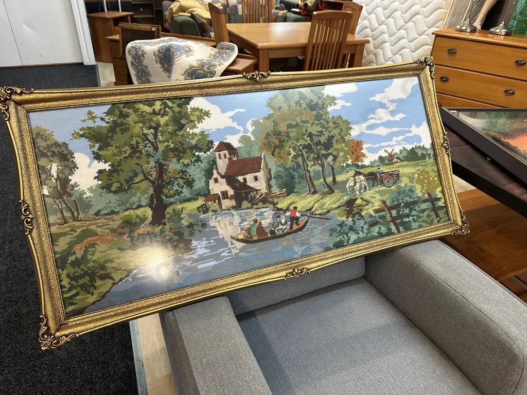Large Vintage Gilt Framed Cross Stitch  Image 1++