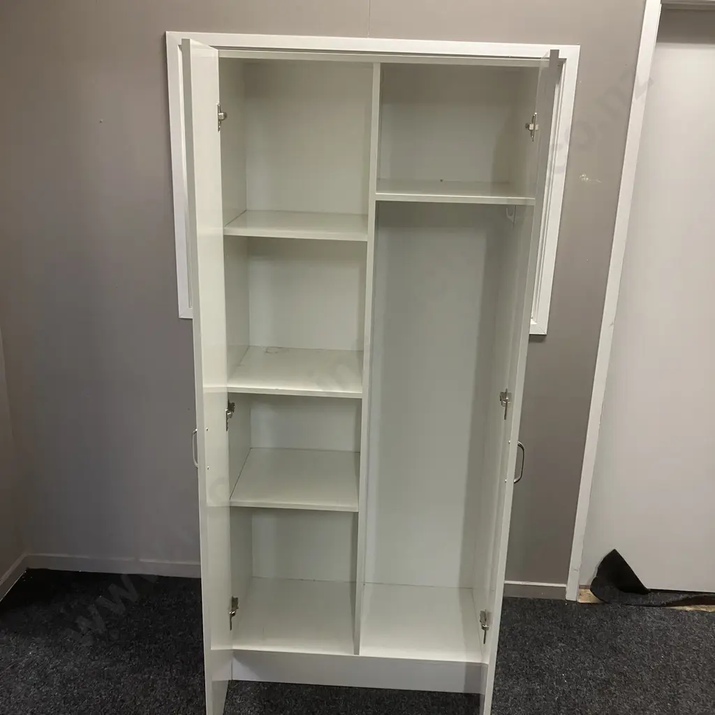 White Double Door Cupboard, Curved Handles. H182 W80 D41cm Image 1++