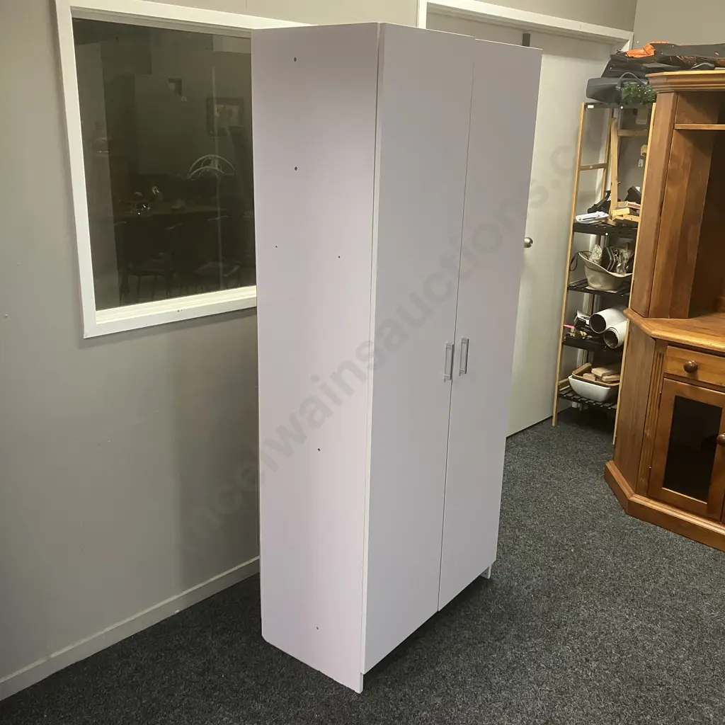 White Double Door Cupboard, Rectangular Handles. H185 W79 D41cm (As Found Condition) Image 1++
