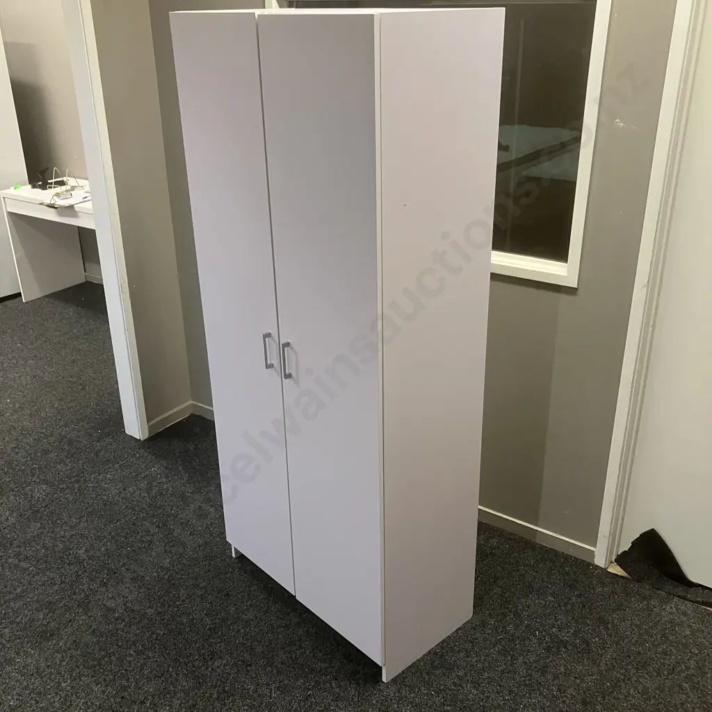 White Double Door Cupboard, Rectangular Handles. H185 W79 D41cm (As Found Condition) Image 1++