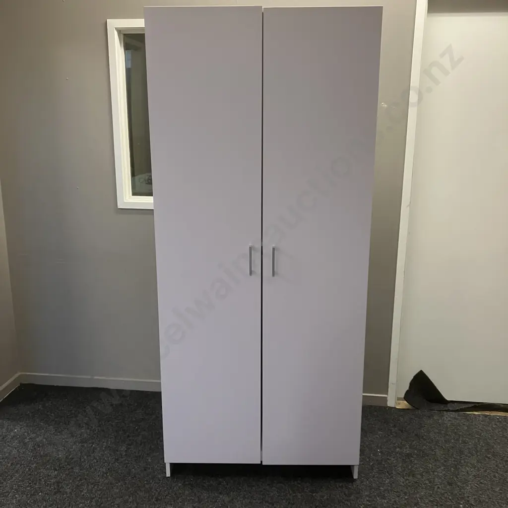 White Double Door Cupboard, Rectangular Handles. H185 W79 D41cm (As Found Condition) Image 1++