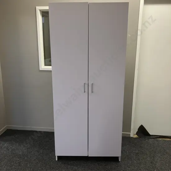 White Double Door Cupboard, Rectangular Handles. H185 W79 D41cm (As Found Condition)