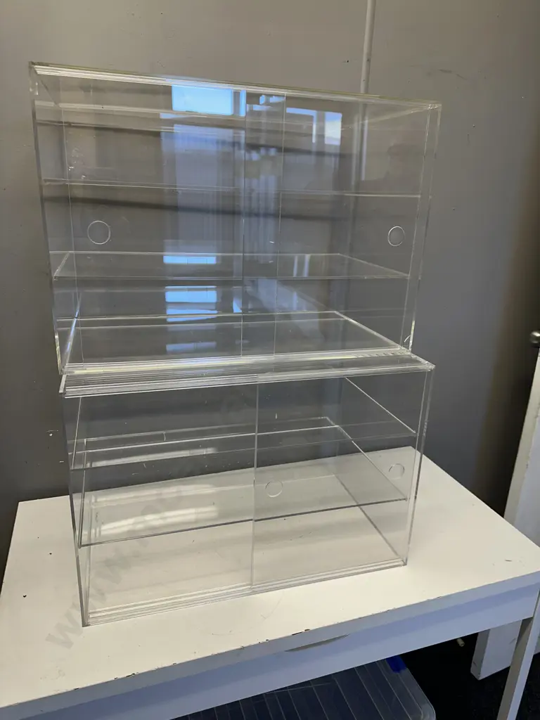 Pair of Perspex Shelved Display Cabinets With Sliding Doors. H40 W57.5 D33cm (As Found) Image 1++