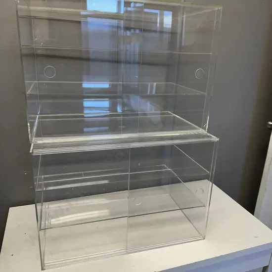 Pair of Perspex Shelved Display Cabinets With Sliding Doors. H40 W57.5 D33cm (As Found)