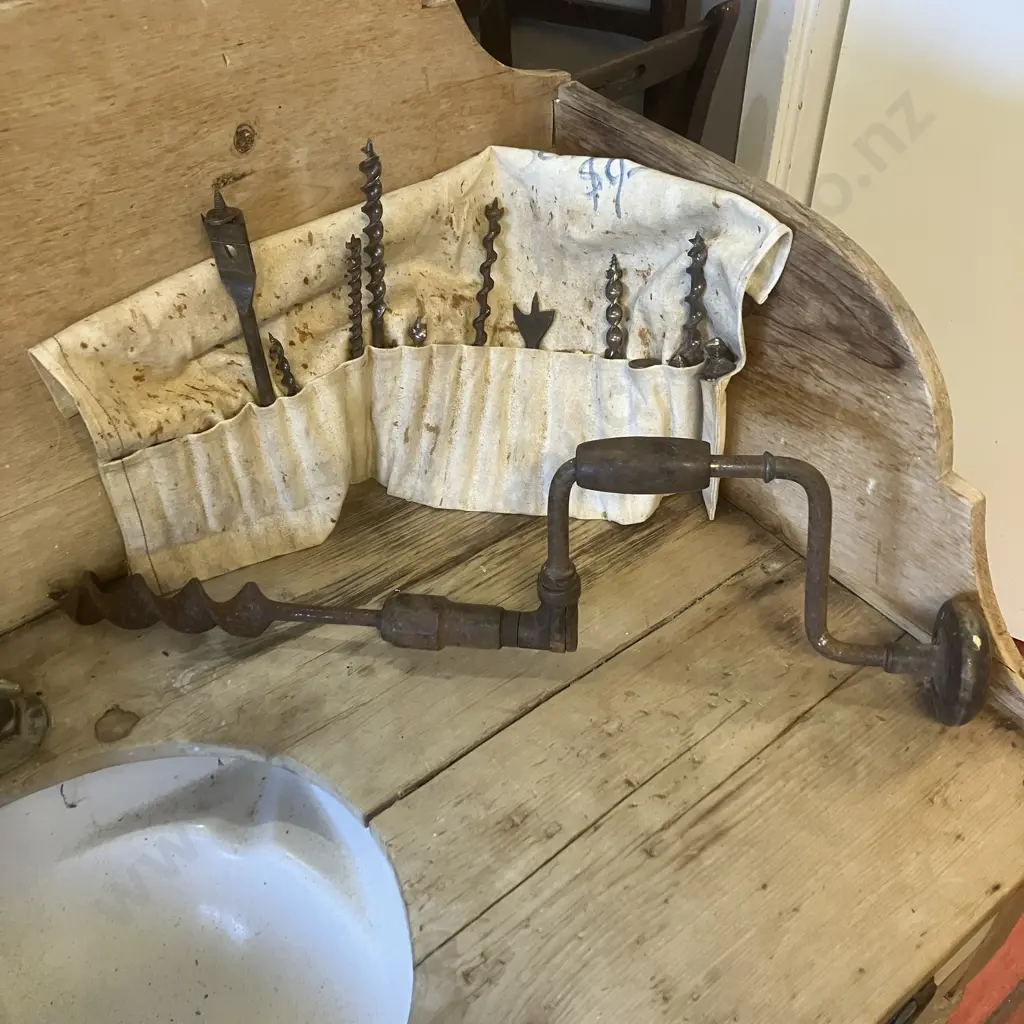 Vintage Brace With Bits In Canvas Pouch Image 1++