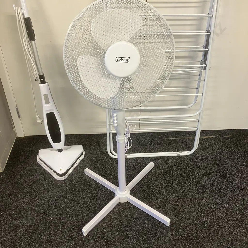 Celsius Pedestal Fan, Anko Steam Mop, Folding Drying Rack Image 1++
