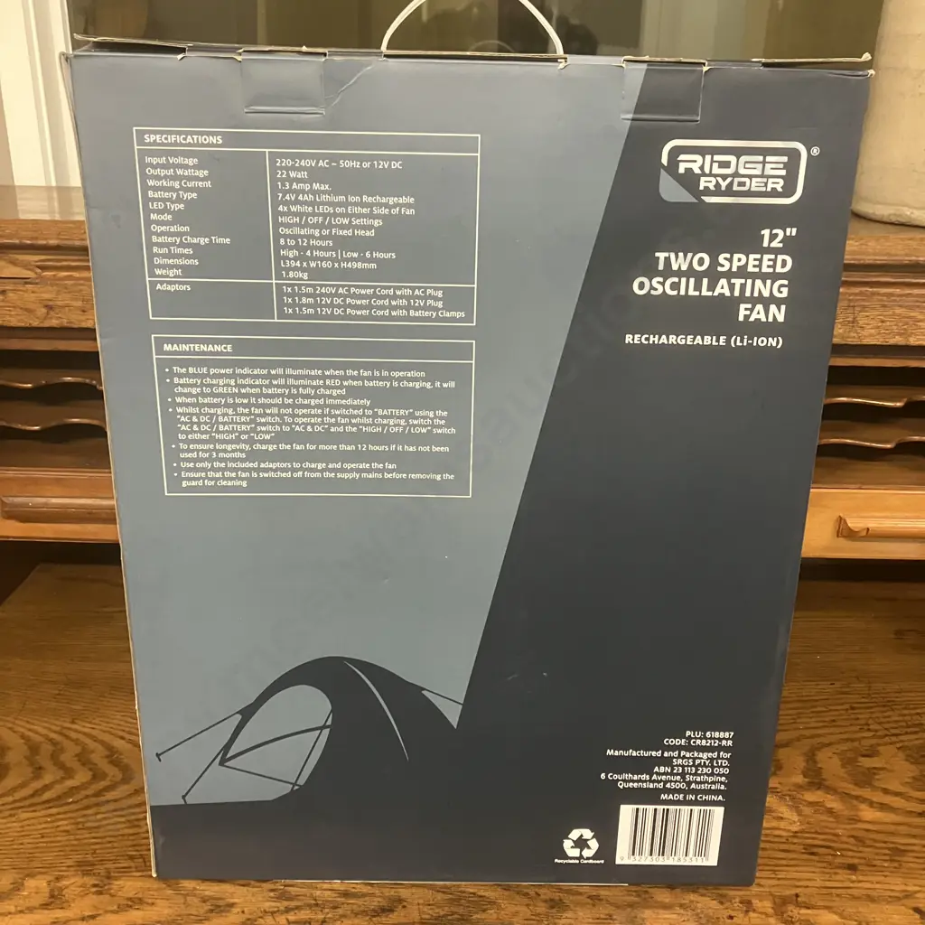 Ridge Ryder 12" Two Speed Oscillating Fan Rechargeable (Li-Ion) Image 1++